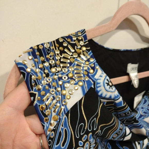 NWT Cache Women's Embellished Blue Geometric Floral Print Stretch Knit Dress S - Picture 5 of 8